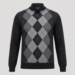 Sahara Club Men’s Black & Gray Argyle Half-Zip Sweater
